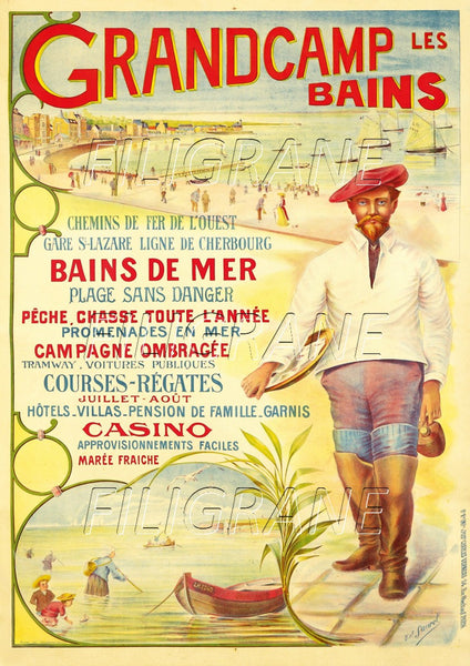 GRANDCAMP les BAINS PLAGE Rqdk-POSTER/REPRODUCTION d1 AFFICHE VINTAGE