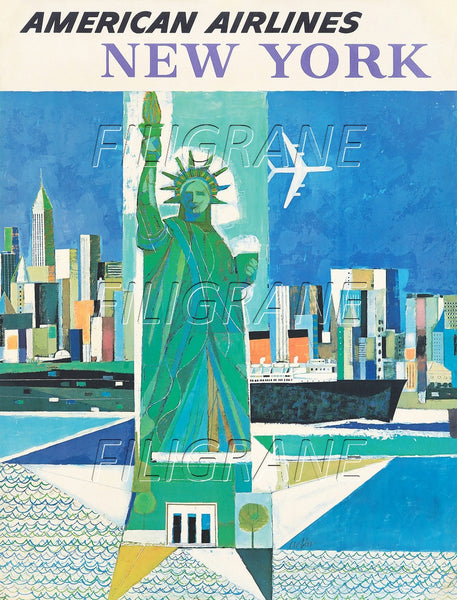 NEW YORK AMERICAN AIRLINES Rlws-POSTER/REPRODUCTION d1 AFFICHE VINTAGE