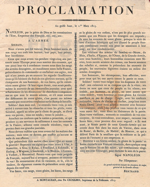 HISTOIRE PROCLAMATION NAPOLéON 1815 Rizv-POSTER/REPRODUCTION d1 AFFICHE VINTAGE
